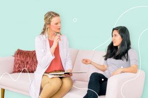 Two Women Sitting on Couch Discussing Vaginal Reconstruction in Brooklyn, Manhattan, NYC, Manhasset, Greenwich, CT, Ridgefield, NJ